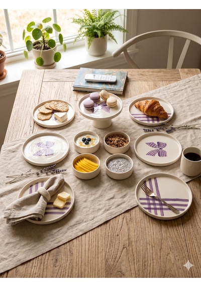 Lila Gift 11 Parça 6 Kişilik Seramik Kahvaltı Takımı & Sunum Seti Lila Desenli Pasta Tabağı Seti Beyaz