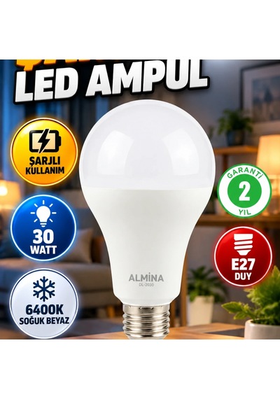 30w Şarjlı Led Ampul E27 Duy 6400k Soğuk Beyaz