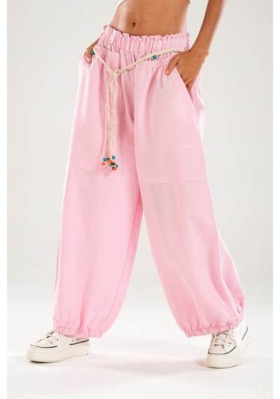 Cocopelli Tasarım Keten Pembe Baggy Pantolon Coc1107 Çok Renkli