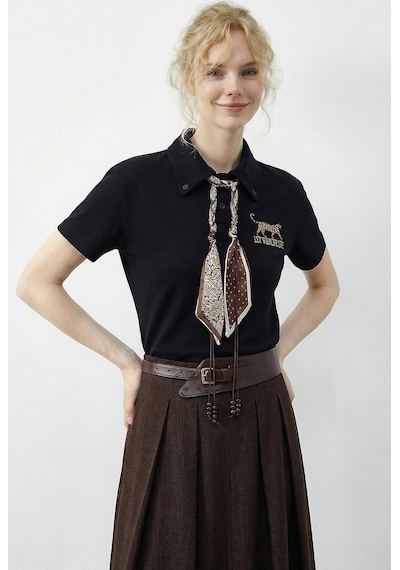 Shade Kadın Tiger Nakışkı Fular Detaylı Polo Yaka T-shirt 3501 60283973 - Siyah