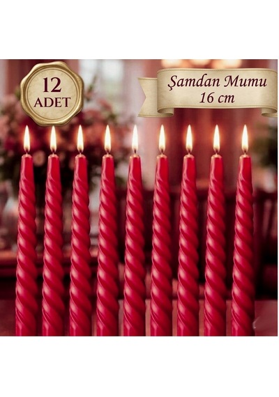 12 Adet Kıvrımlı Şamdan Mumu Kırmızı 16 Cm Dekoratif Uzun Mum Seti Kırımızı