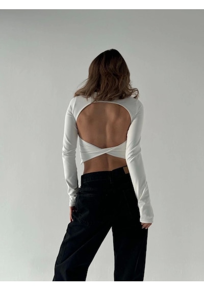 Nnstartshopping Sırt Dekoltelı Uzun Kollu Crop - Beyaz BEYAZ Beyaz