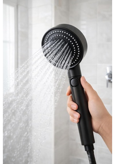 Siyah Pervaneli Turbo Duş Başlığı, 5 Akış Modlu Aç Kapa Kontrollü Yüksek Basınçlı Su Tasarruflu Masaj Etkili Modern Banyo El Duşu Standart Hortum Uyumlu Diğer