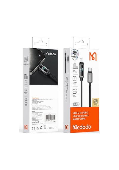 Mcdodo CA-4250 100 W Type-C to Type-C Şarj Göstergeli Şarj Data Kablosu 1.2 M Siyah