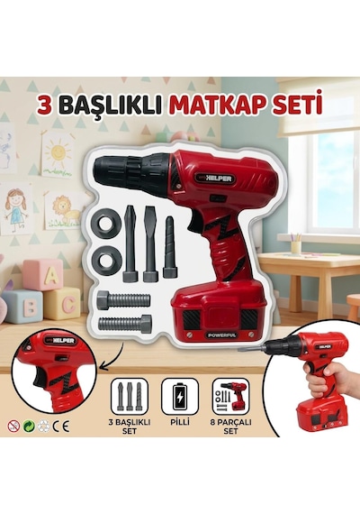 Pille Çalışan 3 Farklı Uçlu 2 Vida 2 Somonlu Tamirci Temalı Matkap Oyuncak İş Aleti