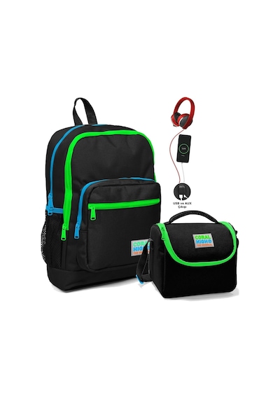 Coral High Okul Çantası Ve Termal Beslenme Çanta Seti Erkek Çocuk Siyah Yeşil Usb Ve Aux Çıkışlı
