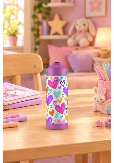 Puccon 540 Ml Kalp Desenli Mor - Pembe Kız Çocuk Pipetli Çelik Termos Matara/suluk - 60062
