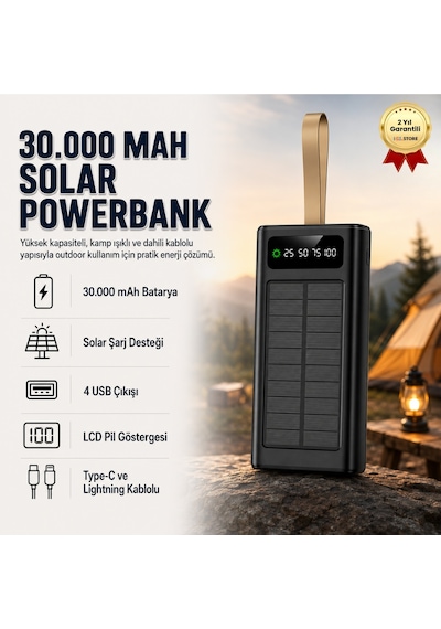 Solar 30.000mah Powerbank Dijital Göstergeli, 4 Usb Çıkışlı, Dahili Type-c Ve Lightning Kablolu Powerbank-1674 BEYAZ