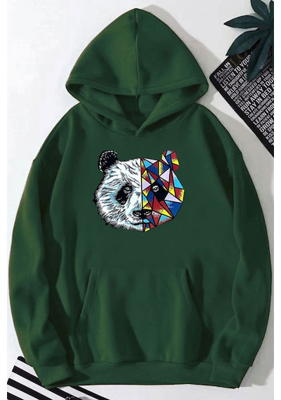 Medinenur Panda Baskılı Kapüşonlu Sweatshirt Yeşil