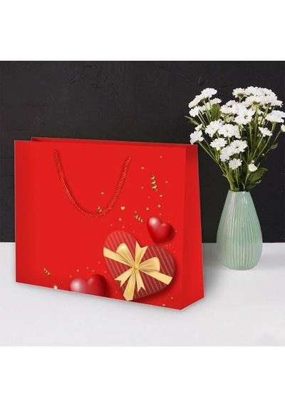 42 X 38 X 12 Cm Hediyelik Karton Çanta Kırmızı Valentine Kalp Desenli Lüks Çanta