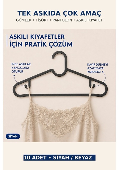 Mayaa Home 10'lu Set Çok Amaçlı Elbise Askısı Çift Yan Kancalı Pantolon Ve Elbise Askısı 38 Cm Siyah - 939951857
