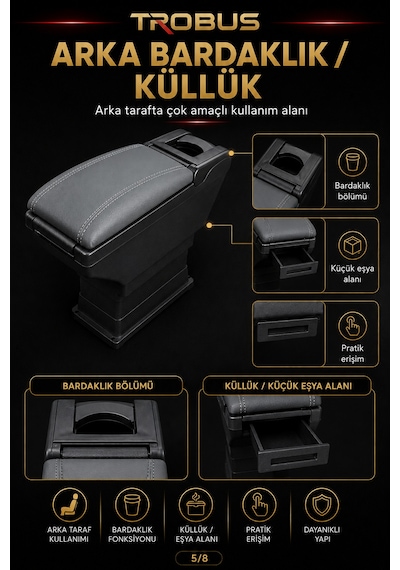 Trobus Renault Megane 2 2002-2009 Uyumlu Ayarlanabilir Ayaklı Kolçak Kol Dayama Bardaklıklı Gri