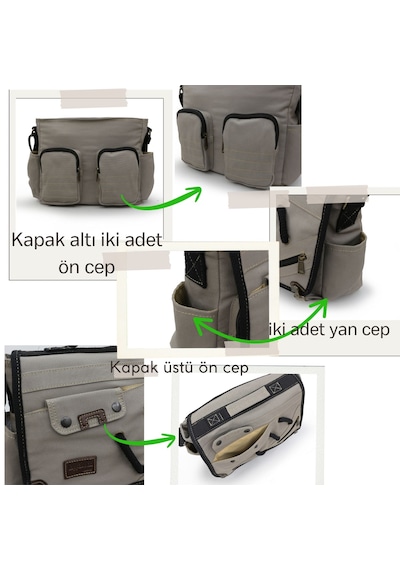 Cappadocia Vintage 4017 Açık Gri 14" Laptop Kanvas Postacı Okul Çantası Unisex Kilitli Çok Cepli Omuz Askılı Açık Gri
