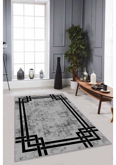 Gri Çerçeveli Kaymaz Tabanlı Makinede Yıkanabilir Halı Rv069