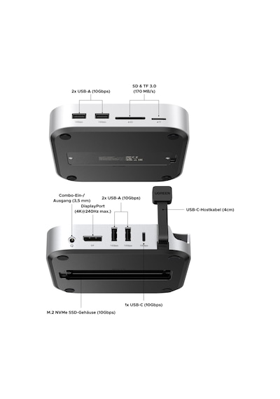 Ugreen Mac Mini M4 Bağlantı İstasyonu, Çift Monitör Kurulumları İçin Displayport 4k 240hz Maks. , 10 Gbps Usb Bağlantı Noktaları, 8 Tb M.2 Nvme Ssd Yuvası, Sd/tf Kart Okuyucu Ve 3,5 Mm Ses Mac Mini M4/m4 Pro İle Uyumlu
