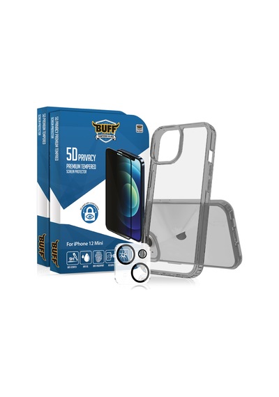 Buff Apple iPhone Uyumlu 12 Mini  Paket - 2x5d Ekran Koruyucu + Şeffaf Kılıf + Lens Koruyucu Privacy Hayalet
