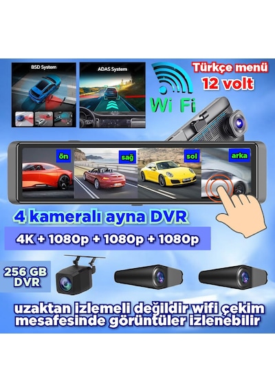 4 Kameralı 11.26'' Dokunmatik Dvr Ayna Monitör 256 Gb 12 Volt Adas-bsd Wifi