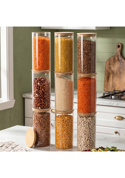 Porsima 2-3 Bambu Vakumlu Kapaklı Yuvarlak Borosilikat Cam 9lu Kavanoz Seti Saklama Kabı 1300ml 10x20cm Şeffaf