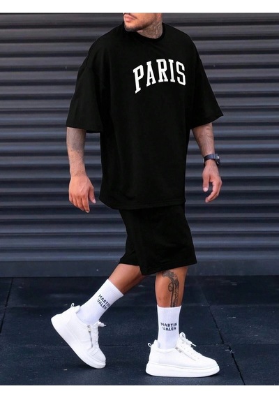 Adrift Erkek Siyah Paris Baskılı Oversize Şortlu Takım Ts-parıstkm Siyah