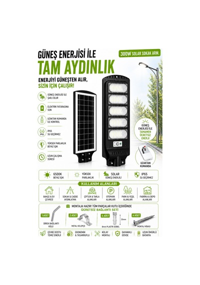 300 W Solar Sokak Armatürü Sensörlü Profesyonel Seri, Kumandalı Montaj Seti Hediyeli
