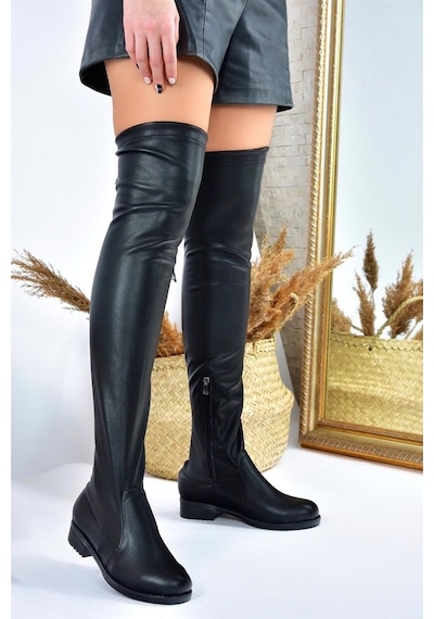 Fox Shoes Suni Deri Siyah Streç Kadın Çizme G268573002 Siyah