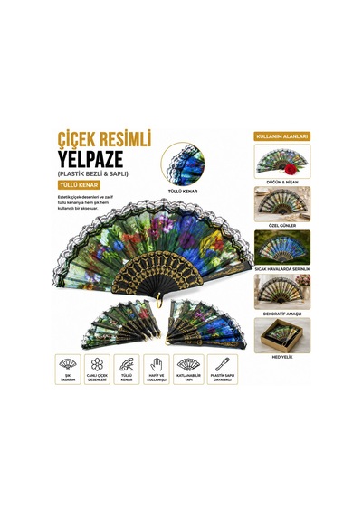 Enfa 965 Çiçek Desenli Tüllü Kenar Yelpaze - Plastik Bezli Saplı- 12'li Paket Diğer