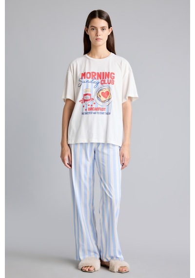 Defacto Regular Fit Kısa Kollu Baskılı Çizgili 2li Pijama Takımı I8337ax26aube250 Mavi-be250
