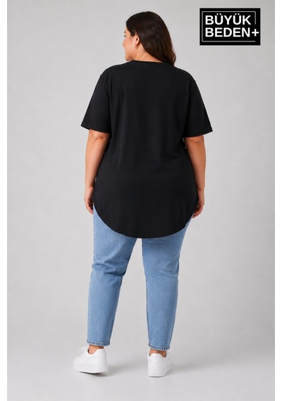 Superlife Büyük Beden Kadın Bisiklet Yaka Basic Oval Etek Detalylı 3xl-6xl Uzun Tunik Spr26btsk502 Siyah