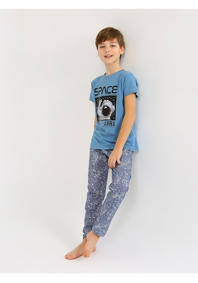Vitmo Erkek Çocuk Kısa Kollu %100 Pamuklu Pijama Takımı Go Space Koyu Mavi
