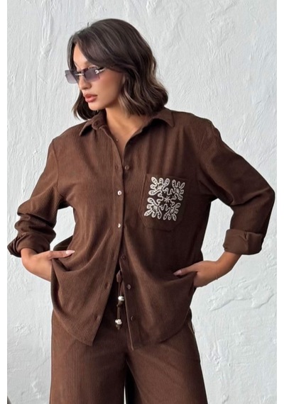 Verymoda Fitilli Kadife İşlemeli Gömlek - F1997 Kahve