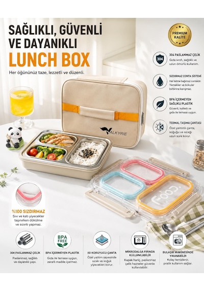 Valkyrie 3 Gözlü Paslanmaz Çelik Lunch Box Termal Taşıma Çantalı, Sızdırmaz Contalı 304 Çelik Bölmeli Yemek Kabı Çok Renkli