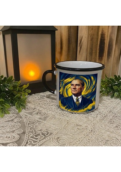 Kişiye Özel Sarı Lacivert Renk Tasarımlı Atatürk Portre Temalı Enamel Kupa Bardak Sarı - Lacivert