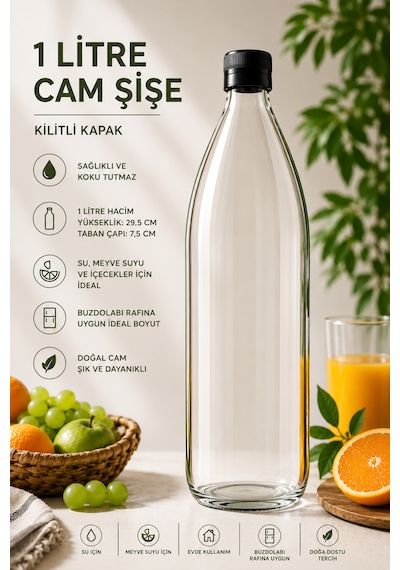 1 Adet Siyah Plastik Kapaklı Cam Şişe 1 Litre Şeffaf Sürahi Süt, Ayran, Su, Limonata Meşrubat Şişesi