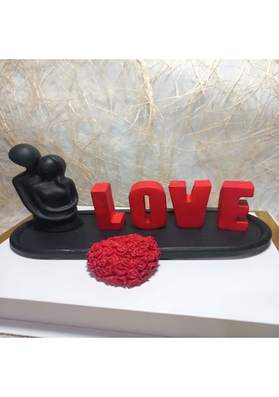 Love Yazılı Kalp Figürlü Sarılan Sevgili Biblo Set Siyah-kırmızı Siyah
