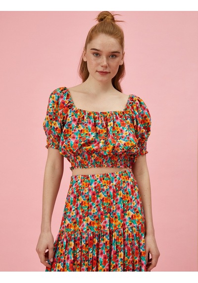 Koton Çiçekli Bluz Crop Kısa Kollu Fuşya Desenli 1yak63883ew 1YAK63883EW47E