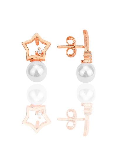 Söğütlü Silver Gümüş Rose Zirkon Taşlı İncili Ay Yıldız Kombin Küpe