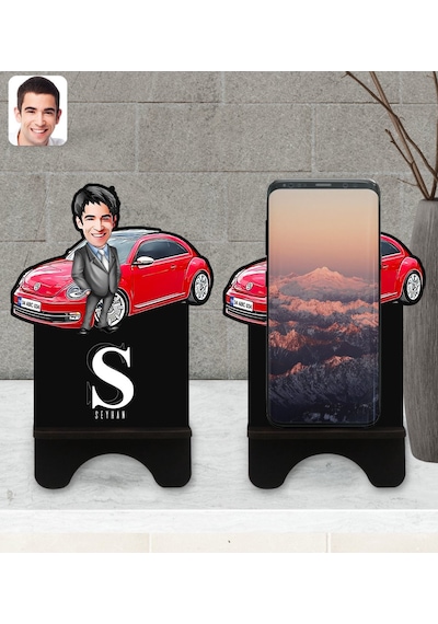 Kişiye Özel Plakalı Erkek Volkswagen Beetle Karikatürlü Ahşap Bib