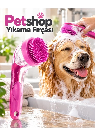 Evcil Hayvanlar İçin Şampuan Hazneli Yıkama Fırçası Uzun Saplı Silikon Pet Temizleme Tarağı
