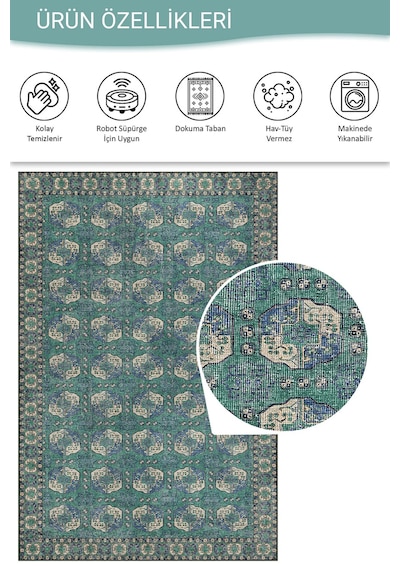 Artloop Relic Yeşil / Mavi Vintage Dokulu Klasik Desenli Dokuma Tabanlı Şönil Halı Al 472 Bej