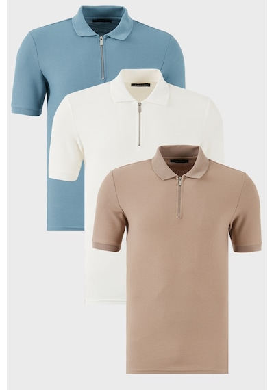 Buratti Pamuklu Regular Fit Yarım Fermuarlı 3'Lü Paket Erkek Polo Yaka T Shirt 5902434S3 Ekru-Vizon-Mavi
