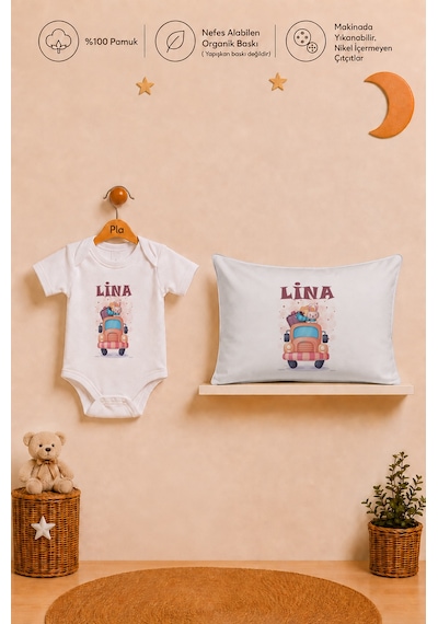 Pia Baby Kız Bebek İsme Özel Hediye Seti %100 Pamuk Body Yastık Kılıfı Ve Ham Bez Bebek Kıyafet Kesesi 2075byk3x Ekru