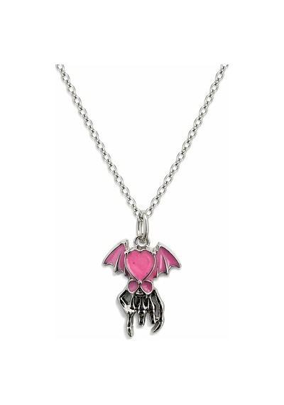 Gotik Kalp Kanatlı İskelet El Kolye Pembe Detaylı Unisex Metal Zincir Çok renkli