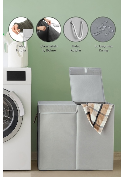 Meleni Home Iki Bölmeli Mega Boy Çamaşır Sepeti - Kulplu Katlanır Banyo Kirli Çamaşır Sepeti 50 Lt + 50 Lt Diğer