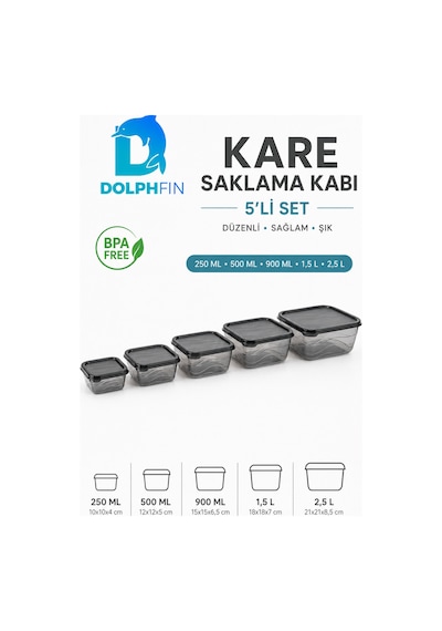 5 Li Kare Saklama Kabı Seti Kapaklı 250 Ml 500 Ml 900 Ml 1,5 L 2,5 L Bpa İçermez Siyah