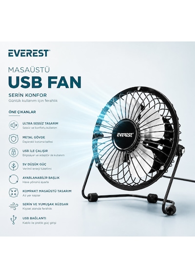 Usb Şarjlı - Metal Gövde 14.5x7.5x15cm Mini Masaüstü Fan - Vantilatör Efn-482 4887