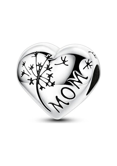 Karahindiba Ve Mom Yazılı Kalp Boncuk Charm Gümüş