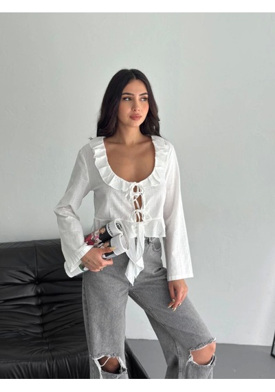 Meleners Keten Uzun Kol Bağacık Detaylı Bluz - Beyaz Beyaz