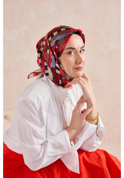 Silk Home Twill İpek Eşarp Şerit Bordo Çok Renkli
