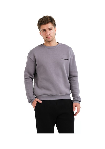 Justever Bisiklet Yaka Nakışlı Şardonlu İçi Polarlı Gri Erkek Sweatshirt - Volar Gri