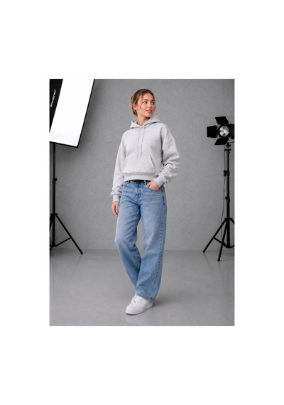 Herkesemoda Kadın Cepli Kapüşonlu 2 İplik Şardonlu Crop Boy Oversize Sweatshirt Gri